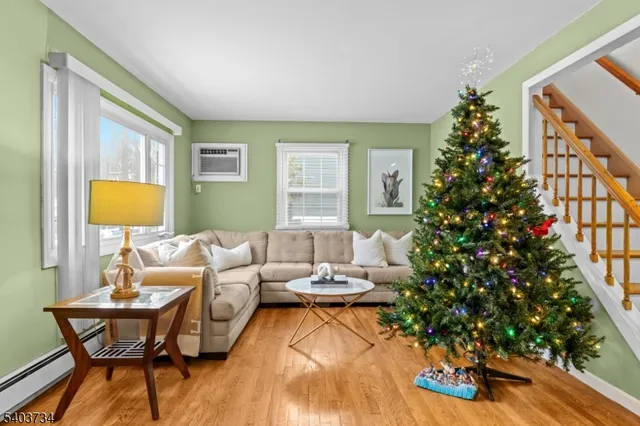 a living room with furniture plant and a window