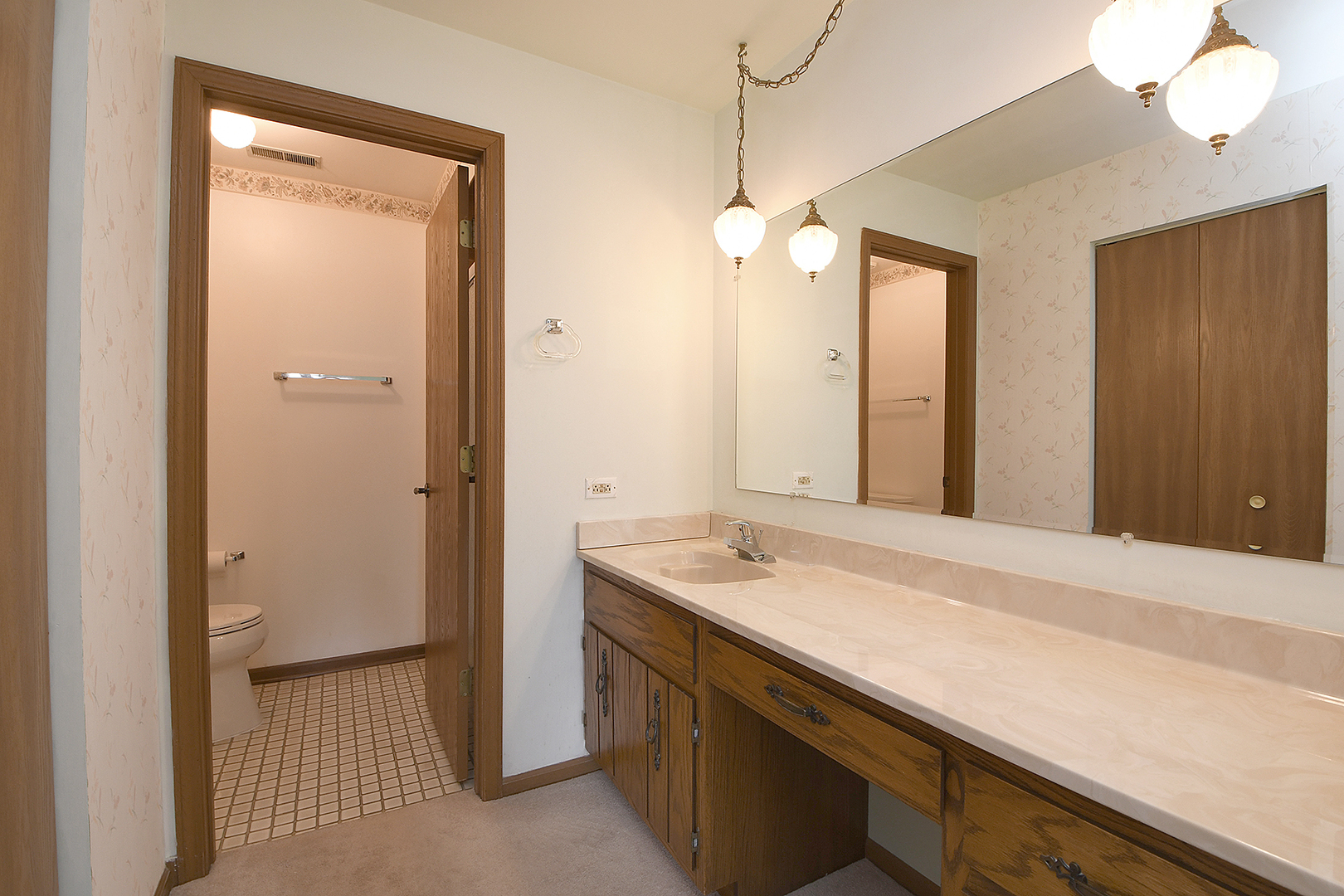 9722 West Creek Road, Unit E2 Palos Park, IL 60464 - Photo 16 of 18 a bathroom with a sink a double vanity and a mirror