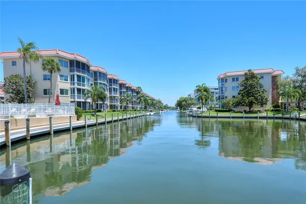 a view of a lake with a big yard and palm trees