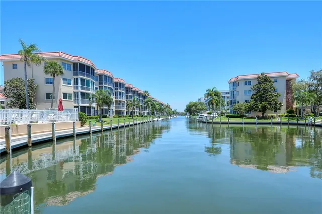 a view of a lake with a big yard and palm trees