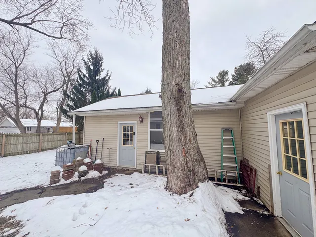 a view of a backyard with a large tree