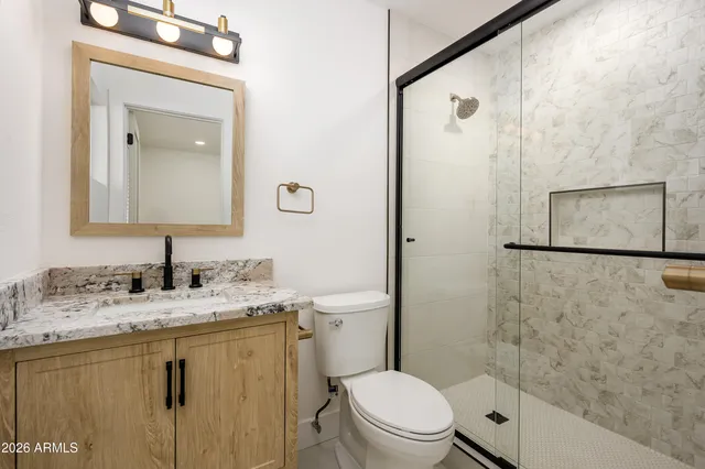 a bathroom with a granite countertop sink toilet and shower