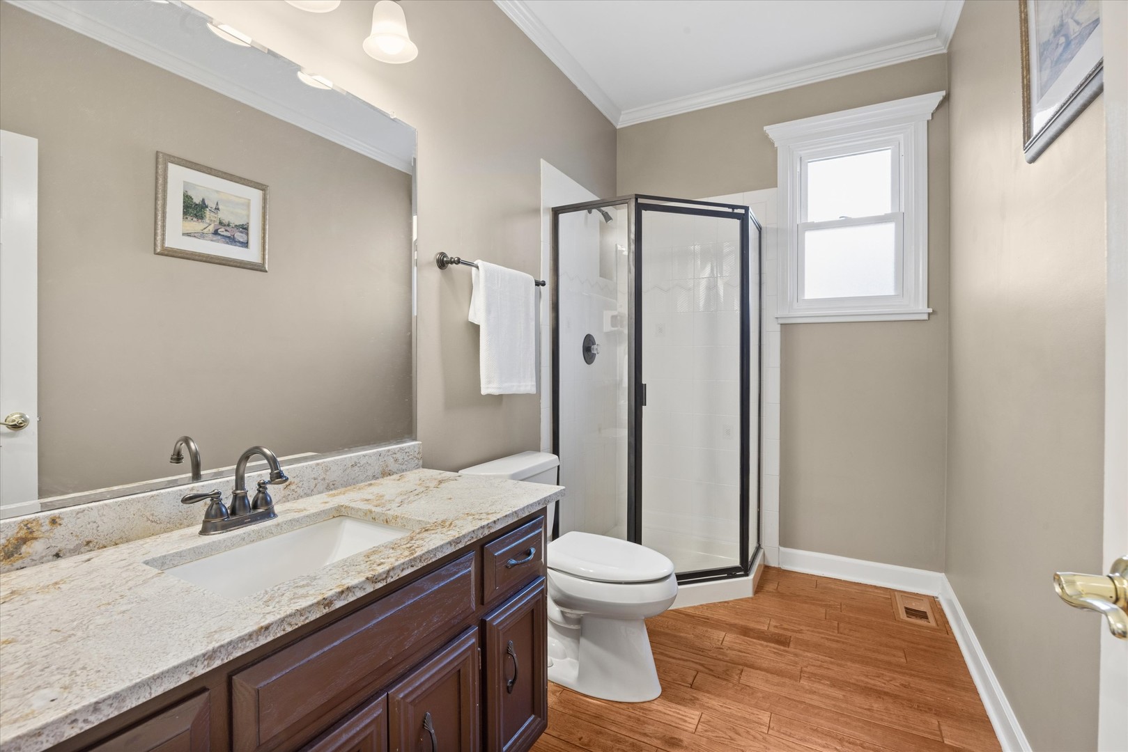 2711 Wendy Road Naperville, IL 60565 - Photo 18 of 49 a bathroom with a granite countertop sink toilet and shower