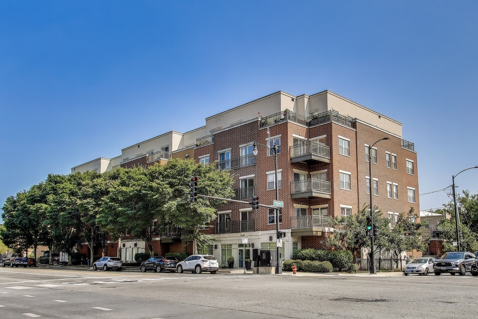 a view of a building with a street