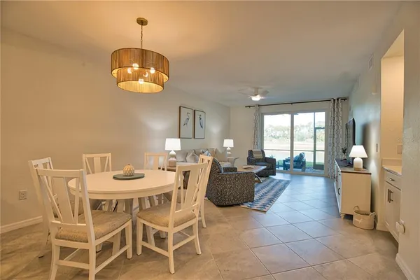 a view of a dining room with furniture