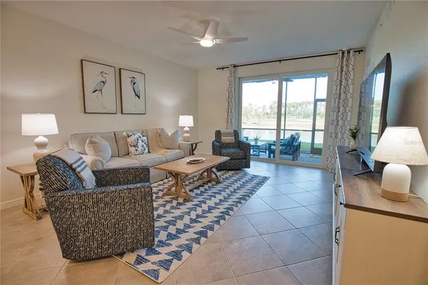 a living room with furniture and a large window