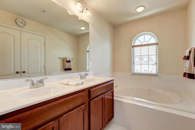 a bath room with a sink a mirror and a bathtub