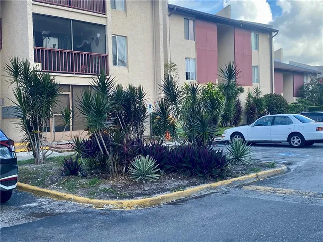 a view of a house with a yard and potted plants