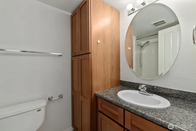a bathroom with a granite countertop sink toilet and mirror