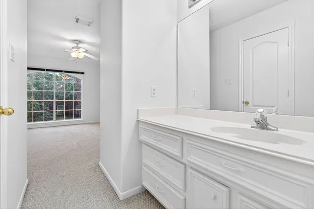 a bathroom with a sink vanity and a mirror