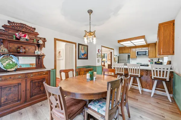a view of a dining room with furniture window and wooden floor