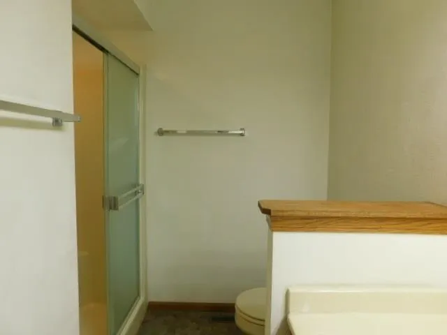 a bathroom with a toilet and a shower