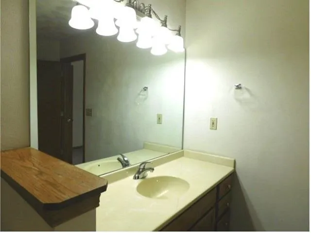 a bathroom with a sink vanity and a mirror