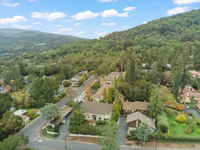an aerial view of residential houses with outdoor space and trees