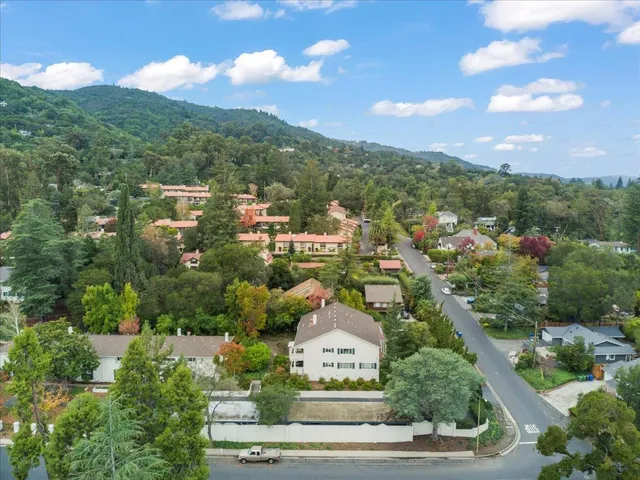 an aerial view of residential houses with outdoor space and trees