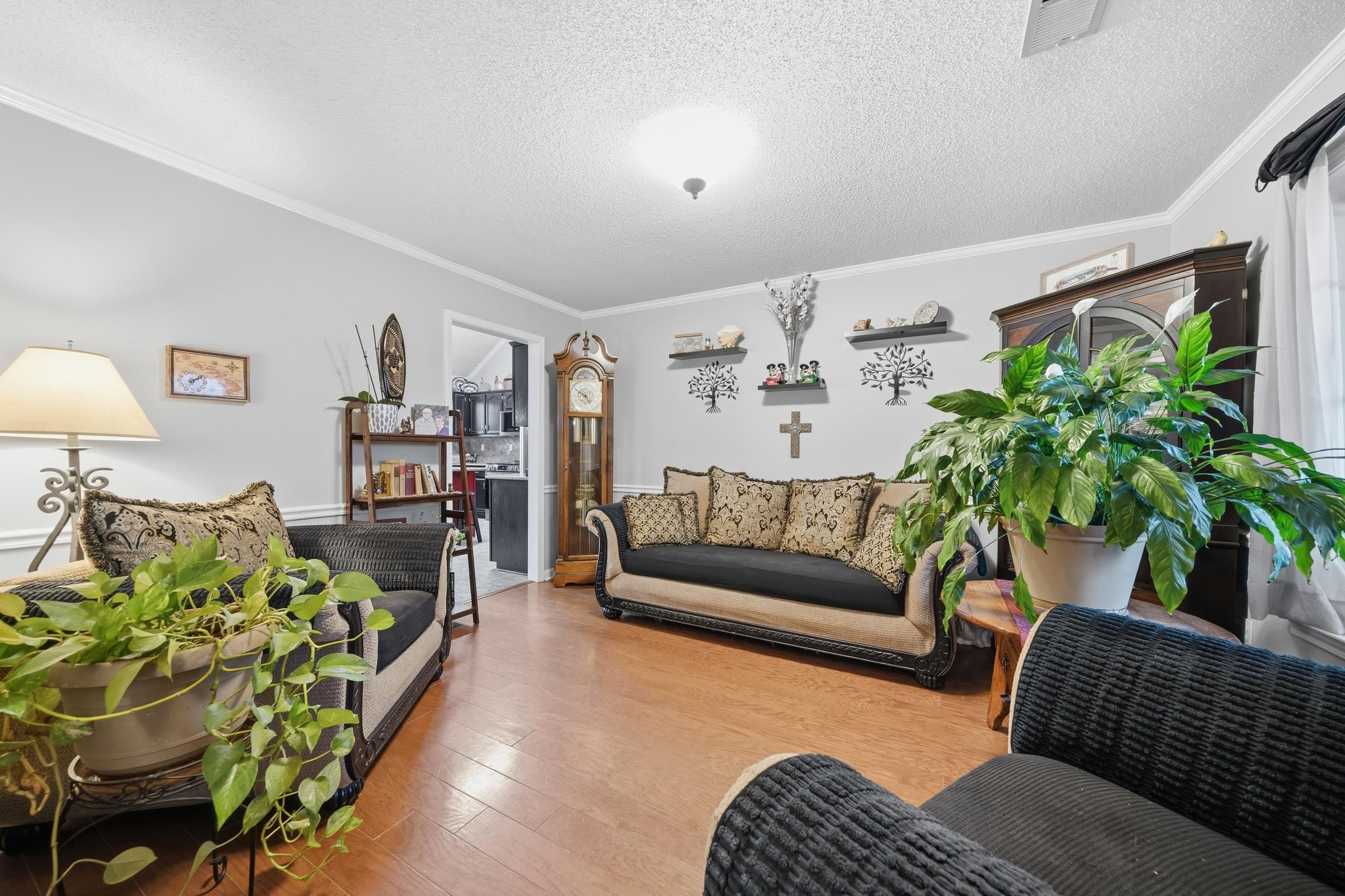 307 John Cove Collierville, TN 38017 - Photo 21 of 25 Living room featuring crown molding, a textured ceiling, and hardwood / wood-style floors
