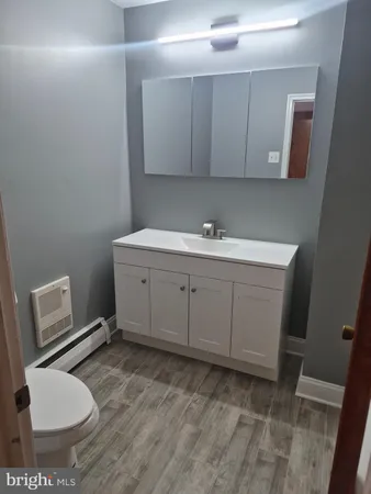 a bathroom with a sink a toilet and a mirror