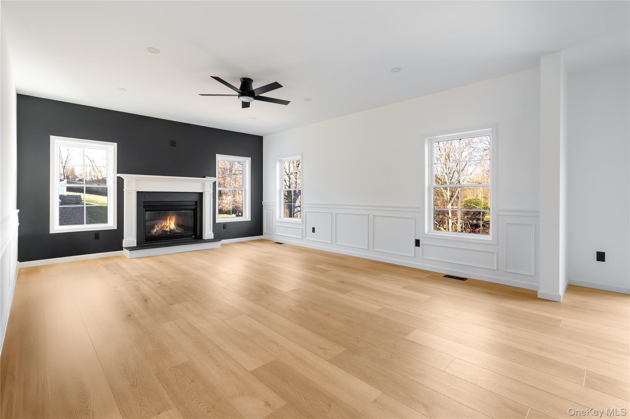 317 Hynes Road Poughquag, NY 12570 - Photo 4 of 12 Unfurnished living room with light wood finished floors, a glass covered fireplace, a decorative wall, ceiling fan, and a wainscoted wall