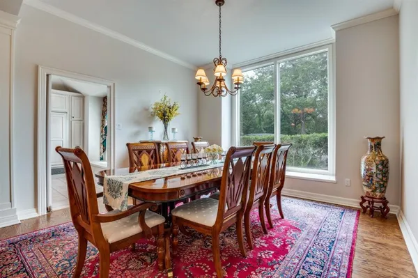 a dining room with furniture wooden floor a rug a potted plant and a chandelier