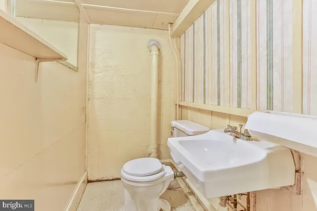 a bathroom with a sink a toilet and shower curtain