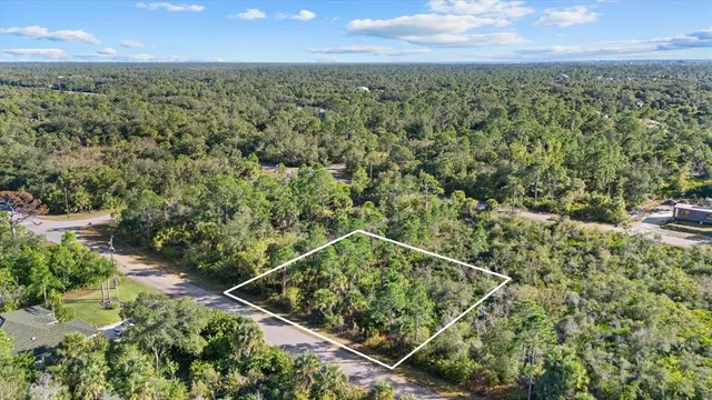 an aerial view of residential houses with outdoor space and trees