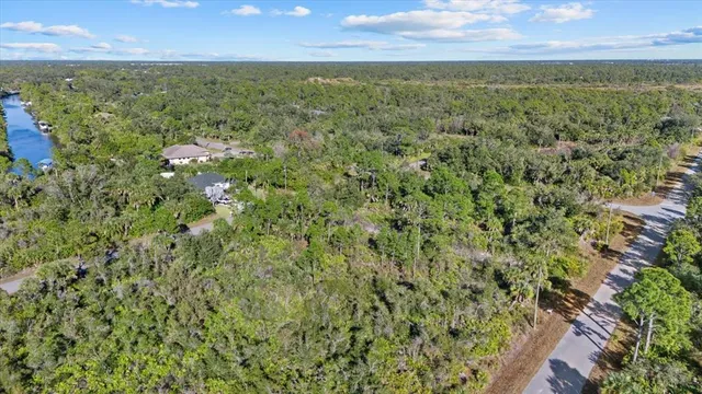 an aerial view of residential houses with outdoor space and trees