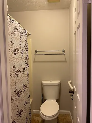 a white toilet sitting next to a shower curtain