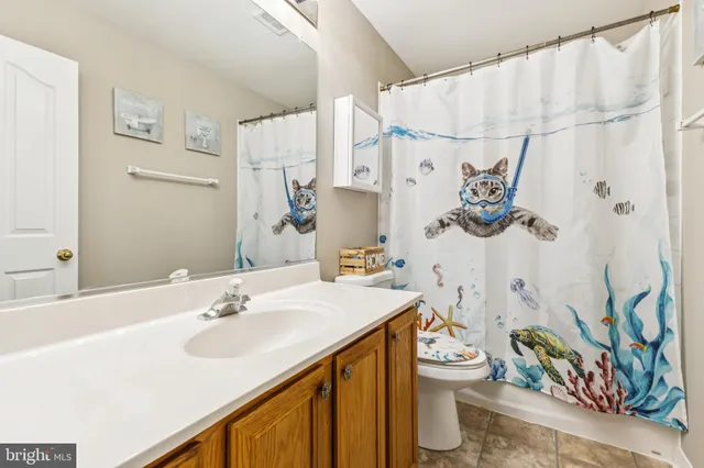 a bathroom with a sink a toilet and shower curtain