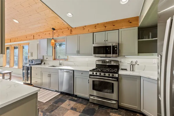 a kitchen with lots of counter top space