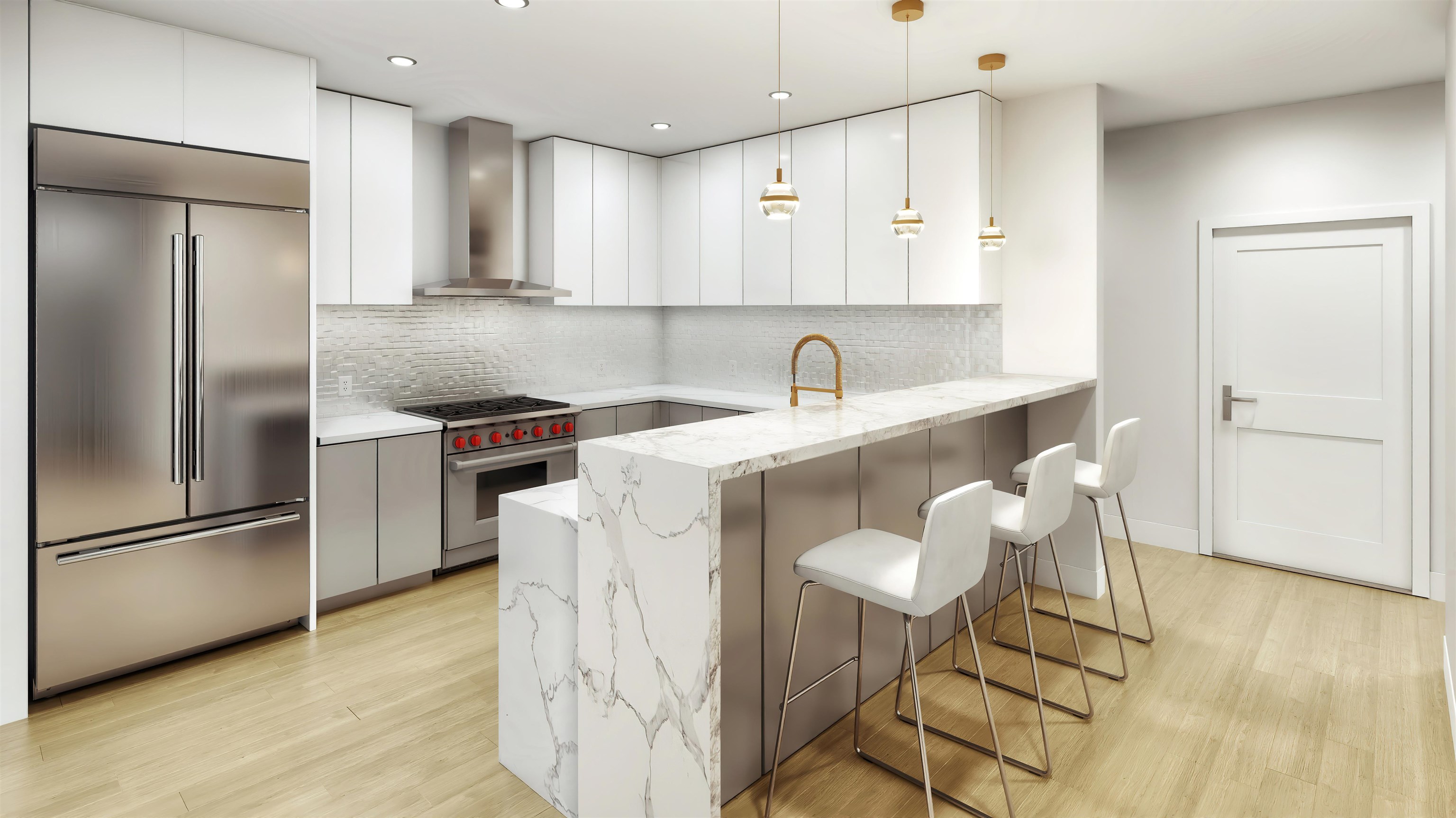 504 2nd Street, Unit 4W Hoboken, NJ 07030 - Photo 2 of 6 a kitchen with stainless steel appliances granite countertop a sink a stove a refrigerator and island with wooden floor
