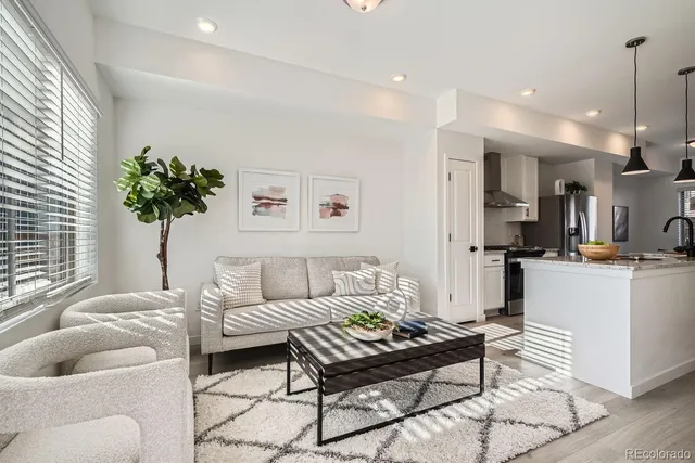 a living room with furniture and a potted plant
