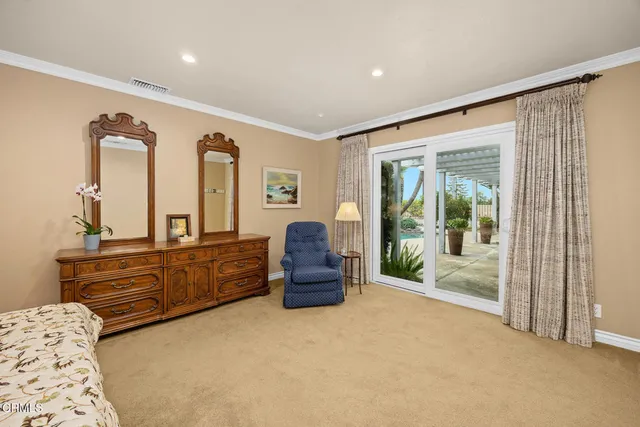 a view of a swimming pool with potted plants