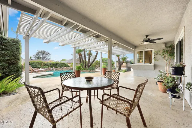 a view of a swimming pool with a yard and plants