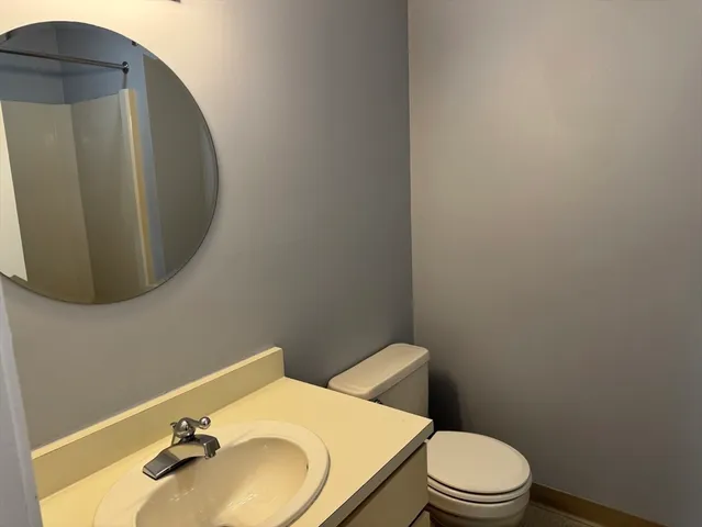a bathroom with a sink and mirror with toilet