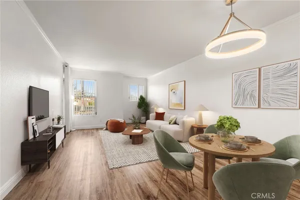 a living room with furniture potted plant and a wooden floor