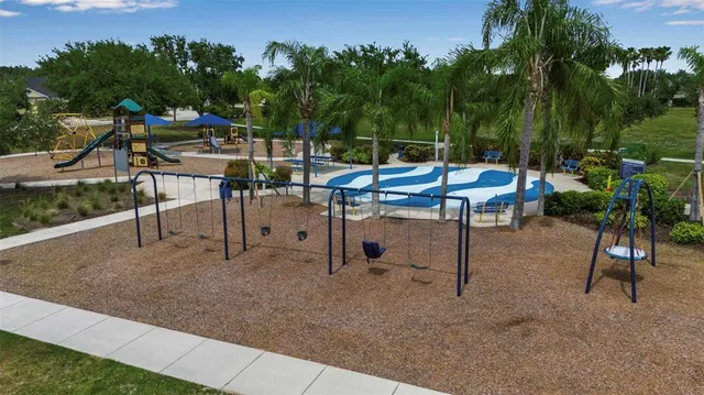 an aerial view of a house with a swimming pool outdoor seating