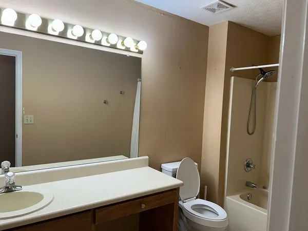a bathroom with a sink a toilet a shower and a mirror