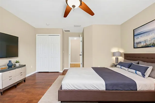 a view of a park with large trees