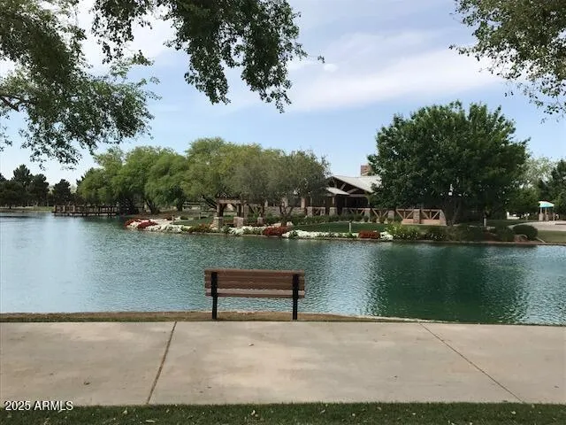 a garden with trees in the background