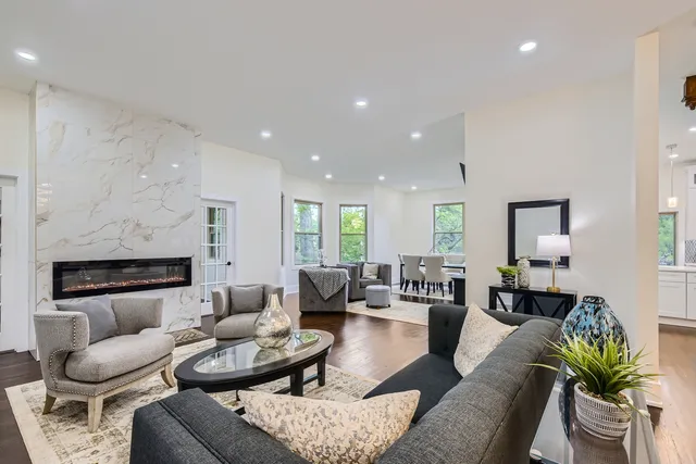 a living room with furniture potted plant and a fireplace