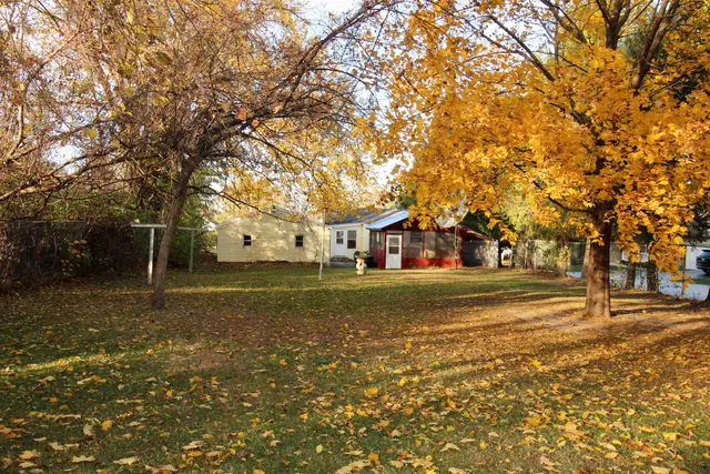 a view of a town with large trees