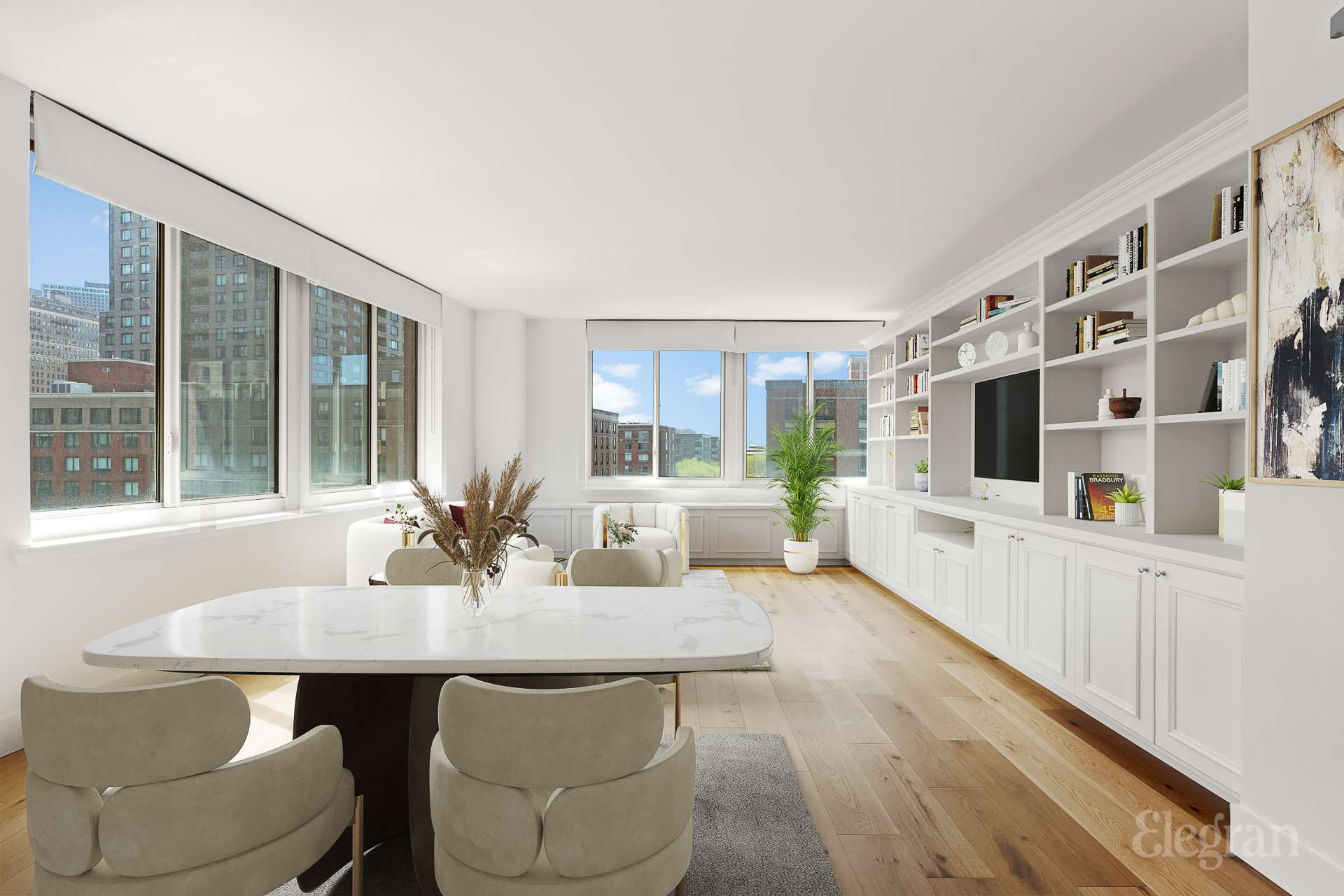 333 Rector Place, Unit 805 Manhattan, NY 10280 - Photo 3 of 28 a view of a dining room with furniture window and wooden floor