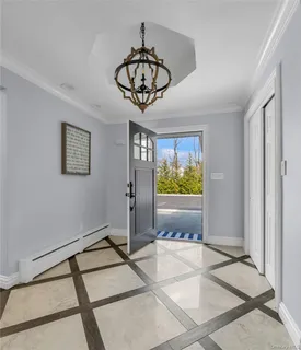a view of a chandelier in a room