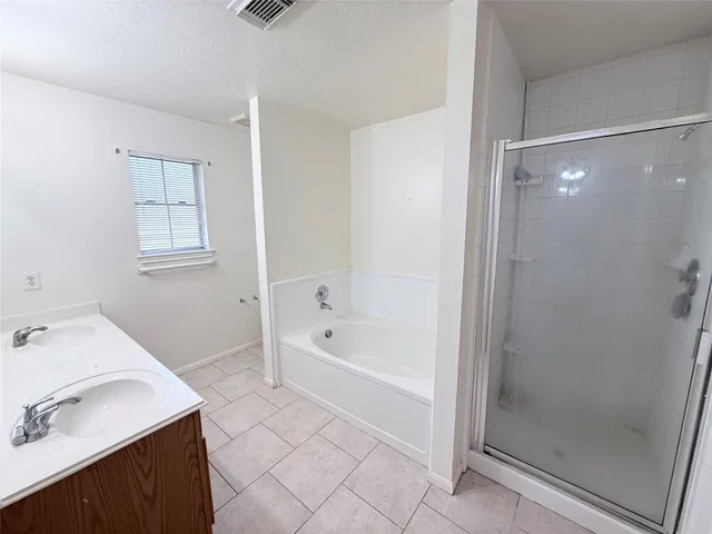 a bathroom with a tub shower sink vanity and a mirror