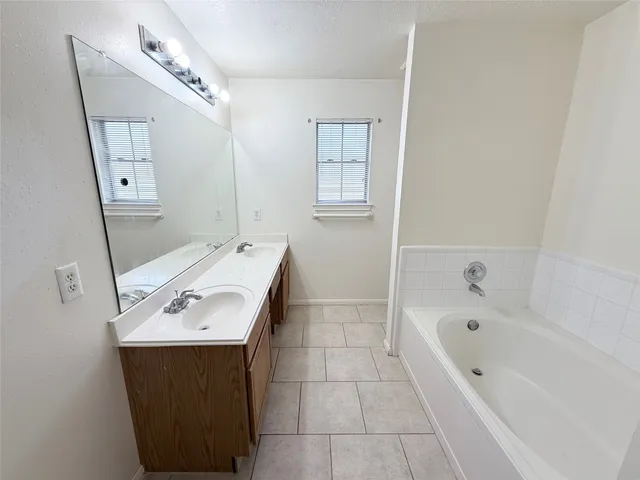 a bathroom with a sink a mirror and a bathtub