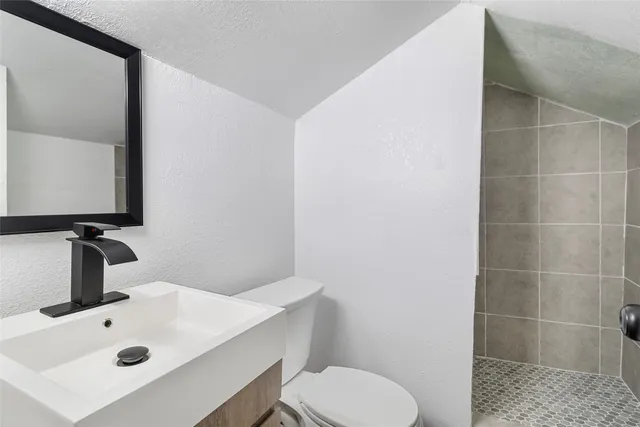 a bathroom with a sink toilet and mirror
