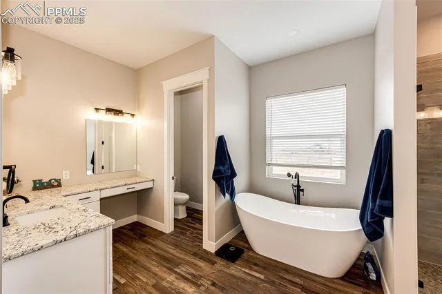 a bathroom with a granite countertop sink and a tub