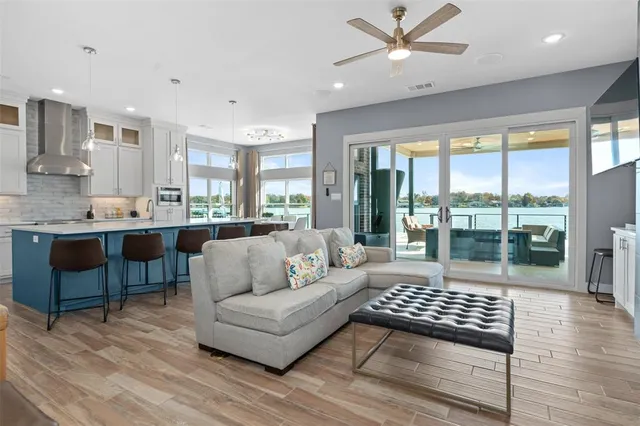 a living room with furniture and a table