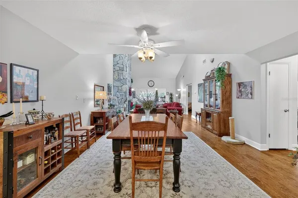 a view of a dining room with furniture