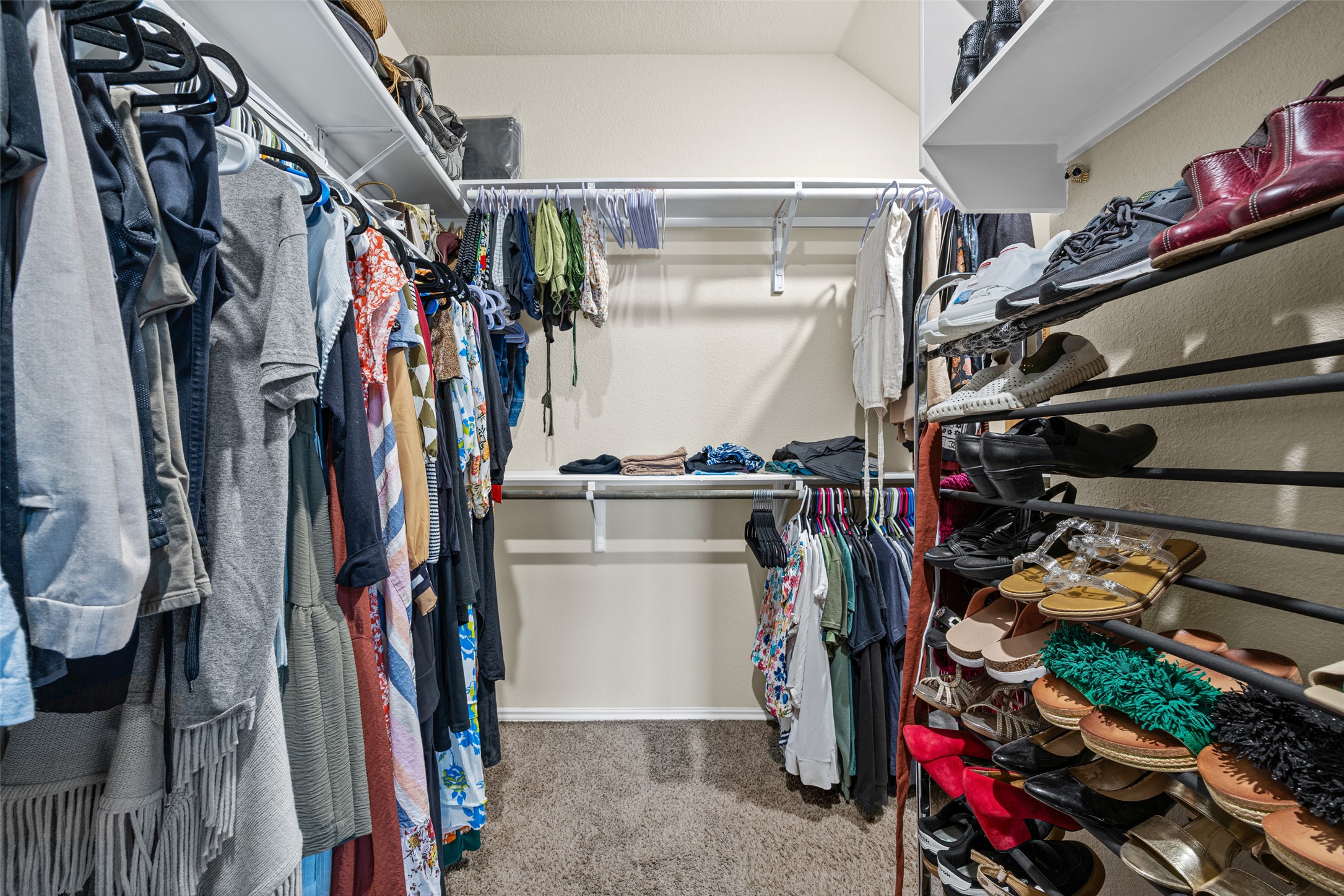 19113 Rookery Trail Pflugerville, TX 78660 - Photo 18 of 36 Walk-in closet featuring carpet flooring, multiple levels of white wire shelving, and integrated shoe racks